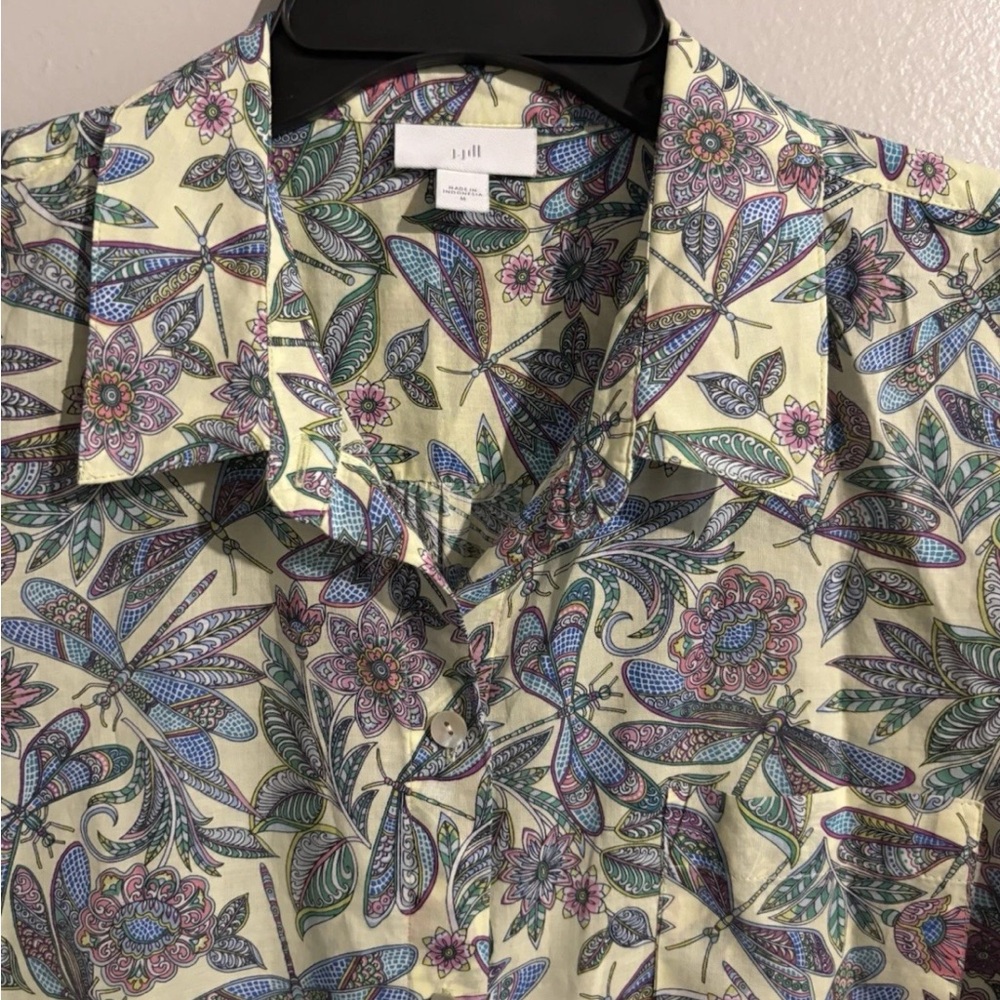 J.Jill Whimsical Dragonflies Multicolor Button Up Blouse Women’s M Collared - Picture 8 of 14